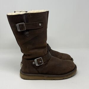UGG Kensington Boots Womens 7 Brown Leather Shearling Fur Lined Mid Calf Biker